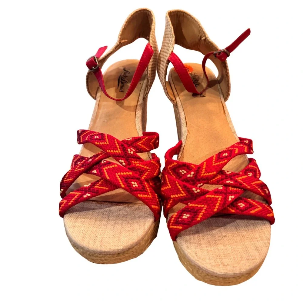 Lucky Brand Women's Red Woven Espadrille Wedge Sandals Size 9.5 ankle strap boho